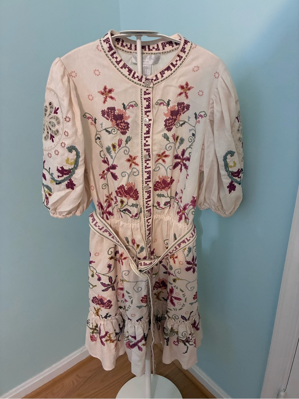 Caroline Constas Cream Mini Dress with Multicolor Floral Embroidery - Picture 1 of 9